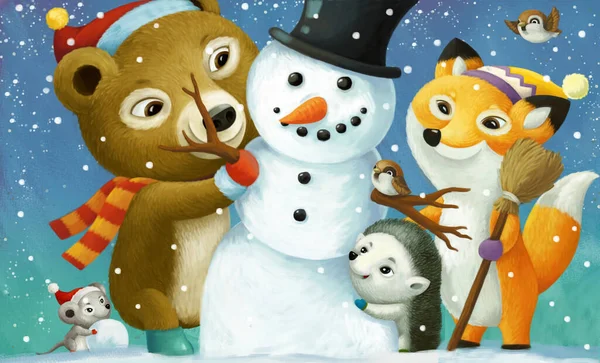 Desenho Animado Cena Natal Com Diferentes Animais Boneco Neve Ilustração — Fotografia de Stock