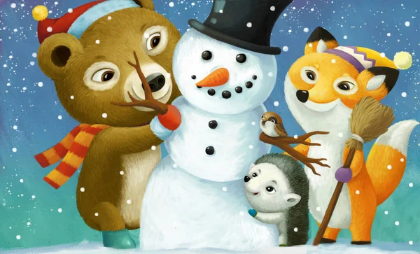 Scena Natale Del Fumetto Con Diversi Animali Pupazzo Neve Illustrazione — Foto Stock