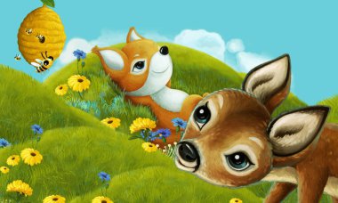 Orman hayvanının çayırda eğlendiği çizgi film sahnesi - çocuklar için illüstrasyon