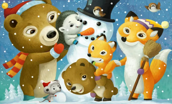 Scena Natale Del Fumetto Con Animali Felici Pupazzo Neve Illustrazione — Foto Stock