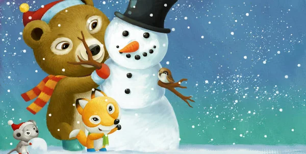 子供のための別の動物や雪だるまのイラストと漫画のクリスマスシーン — ストック写真
