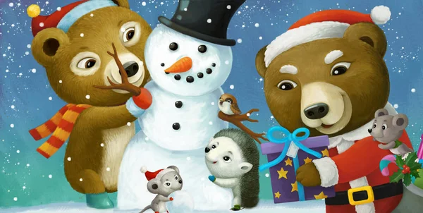 Cartoon Christmas Scene Different Animals Snowman Illustration Children — Stock Photo, Image