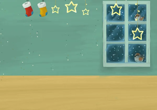 Cartoon Szene Mit Weihnachtszimmer Illustration Für Kinder — Stockfoto