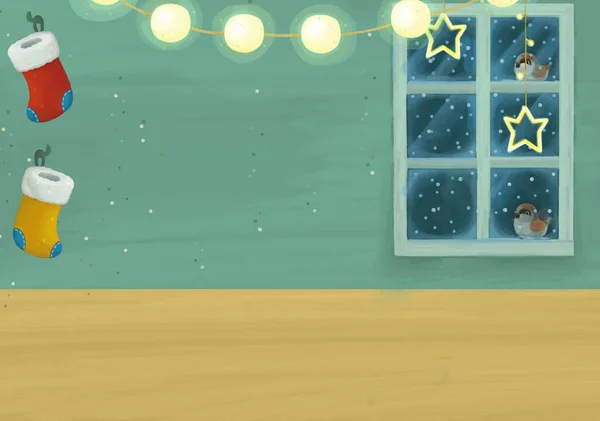 Мультяшна Сцена Ілюстрацією Різдвяної Кімнати Дітей — стокове фото
