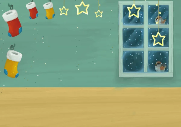 Cartoon Scene Met Kerst Kamer Illustratie Voor Kinderen — Stockfoto