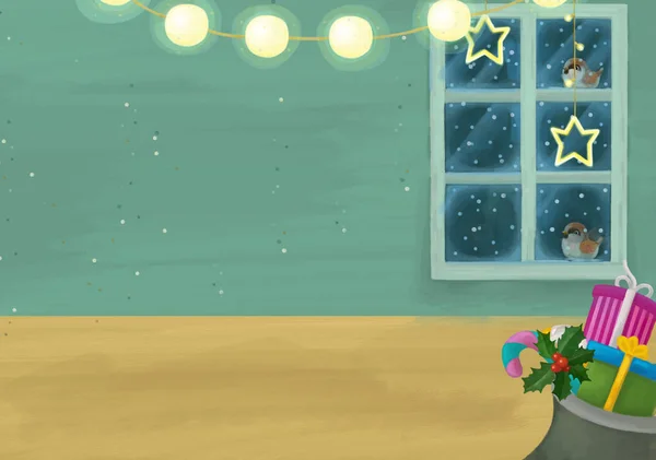 Σκηνή Κινουμένων Σχεδίων Χριστουγεννιάτικο Δωμάτιο Και Δώρα Εικονογράφηση Για Παιδιά — Φωτογραφία Αρχείου