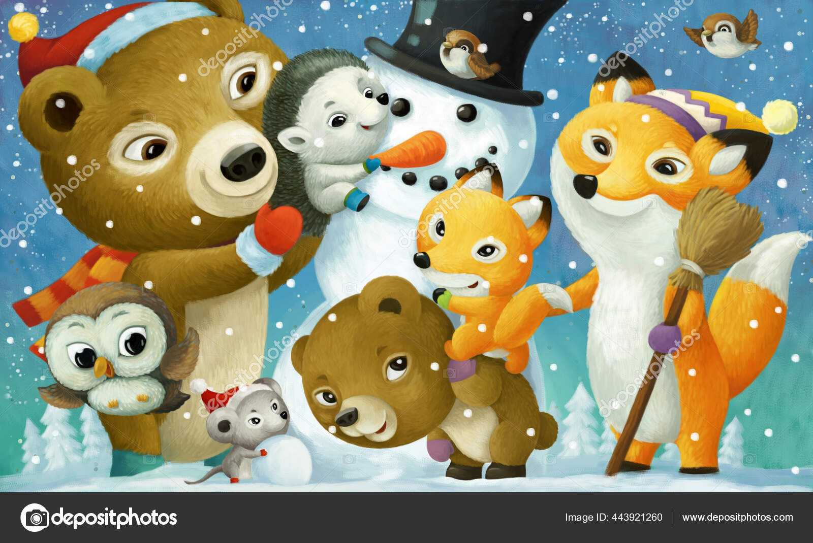 Dibujos Animados Escena Navidad Con Animales Felices Muñeco Nieve  Ilustración: fotografía de stock © illustrator_hft #443921260 |  Depositphotos