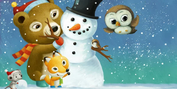 Cartoon Christmas Scene Different Animals Snowman Illustration Children — Stock Photo, Image