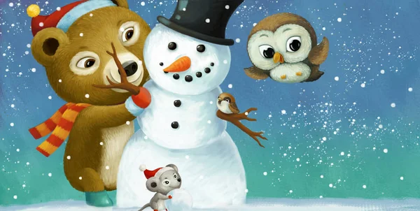 Escena Navidad Dibujos Animados Con Diferentes Animales Muñeco Nieve Ilustración —  Fotos de Stock