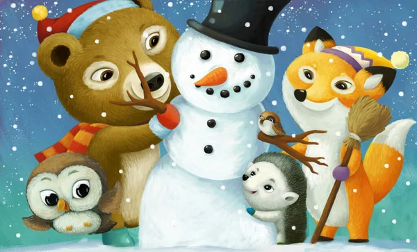 Мультяшна Різдвяна Сцена Різними Тваринами Ілюстрацією Сніговика Дітей — стокове фото