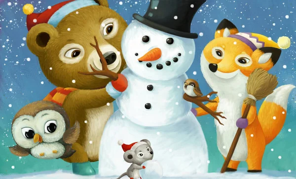 Cartoon Christmas Scene Different Animals Snowman Illustration Children — Stock Photo, Image