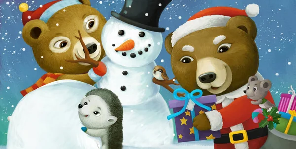 Rajzfilm Karácsonyi Jelenet Különböző Állatok Hóember Illusztráció Gyerekeknek — Stock Fotó