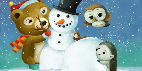 Cartoon Kersttafereel Met Verschillende Dieren Sneeuwpop Illustratie Voor Kinderen — Stockfoto