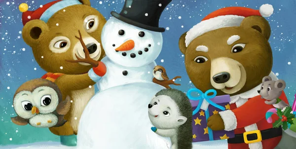 Kreskówka Boże Narodzenie Scena Różnych Zwierząt Bałwan Ilustracja Dla Dzieci — Zdjęcie stockowe