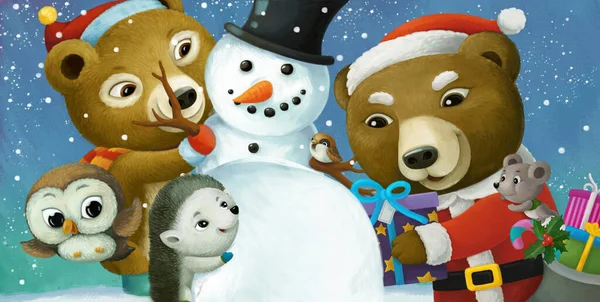 Cartoon Weihnachtsszene Mit Verschiedenen Tieren Und Schneemannillustration Für Kinder — Stockfoto