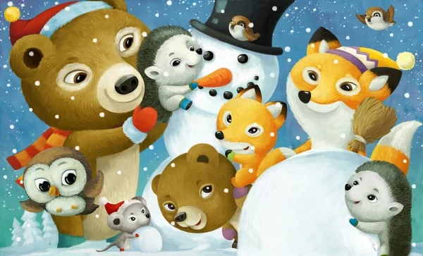 Scena Natale Del Fumetto Con Animali Felici Pupazzo Neve Illustrazione — Foto Stock
