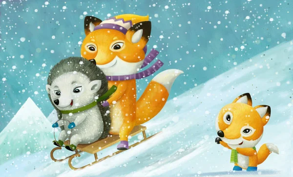 Dibujos Animados Navidad Invierno Escena Con Animales Deslizante Esquí Colina —  Fotos de Stock