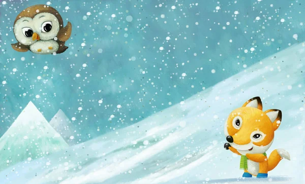 子供のための丘のイラストでスキーをスライド動物と漫画クリスマス冬のシーン — ストック写真