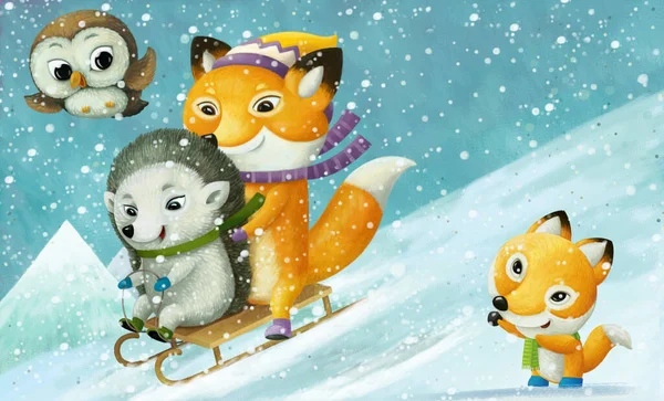 Dibujos Animados Navidad Invierno Escena Con Animales Deslizante Esquí Colina —  Fotos de Stock