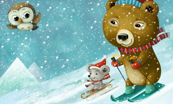 Cartoon Kerst Winter Scène Met Dieren Glijden Skiën Heuvel Illustratie — Stockfoto