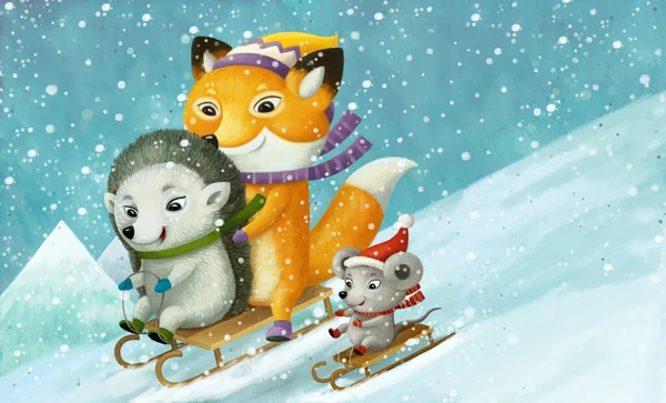 Cartoon Christmas Winter Scene Animals Sliding Skiing Hill Illustration Children — Stock Photo, Image