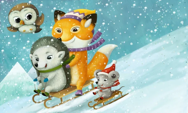 Cartoon Kerst Winter Scène Met Dieren Glijden Skiën Heuvel Illustratie — Stockfoto