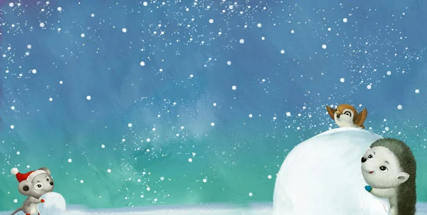 Мультяшна Зимова Сцена Тваринами Снігу Весела Ілюстрація Дітей — стокове фото