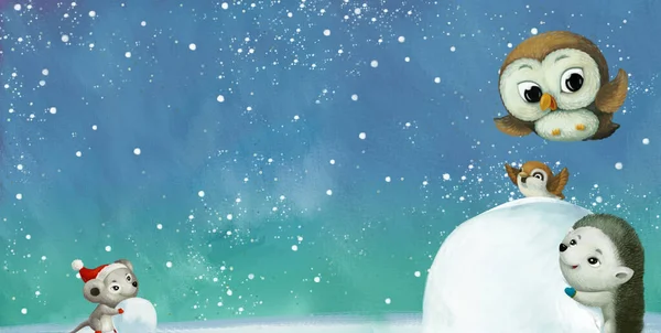Мультфильм Зимняя Сцена Животным Снегу Весело Иллюстрации Детей — стоковое фото