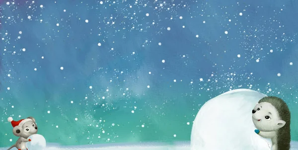 Dibujos Animados Escena Invierno Con Animales Nieve Que Divierten Ilustración —  Fotos de Stock