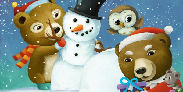 Scena Natale Del Fumetto Con Diversi Animali Pupazzo Neve Illustrazione — Foto Stock