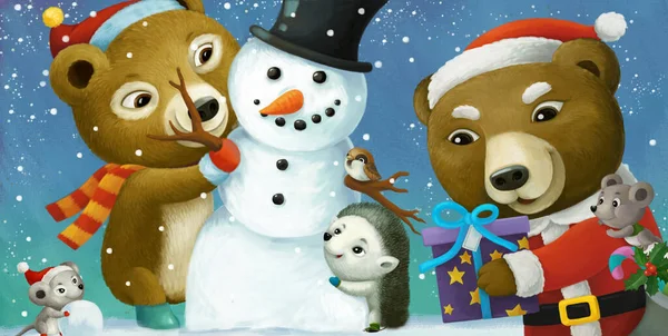 Cartoon Weihnachtsszene Mit Verschiedenen Tieren Und Schneemannillustration Für Kinder — Stockfoto