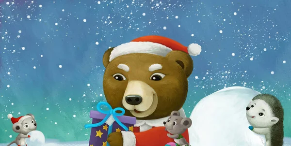 Cartoon Kersttafereel Met Gelukkige Dieren Sneeuwpop Illustratie Voor Kinderen — Stockfoto