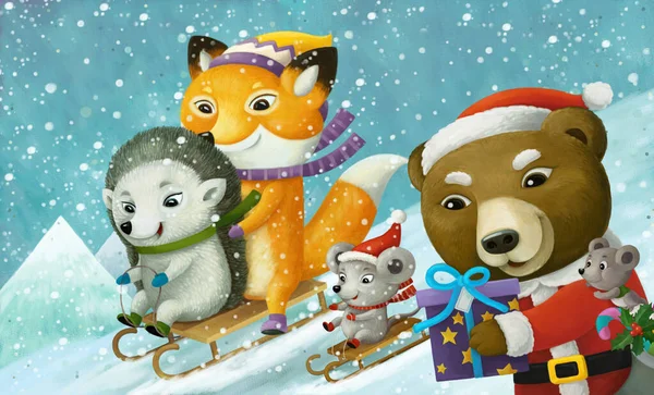 Rajzfilm Karácsony Téli Jelenet Állatokkal Csúszó Síelés Dombon Illusztráció Gyerekeknek — Stock Fotó
