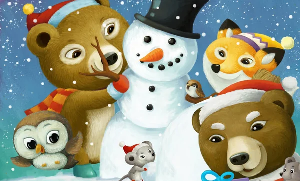 Cartoon Kersttafereel Met Verschillende Dieren Sneeuwpop Illustratie Voor Kinderen — Stockfoto