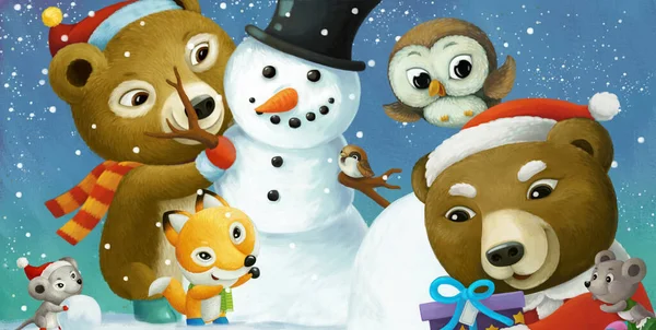 Cartoon Christmas Scene Different Animals Snowman Illustration Children — Stock Photo, Image