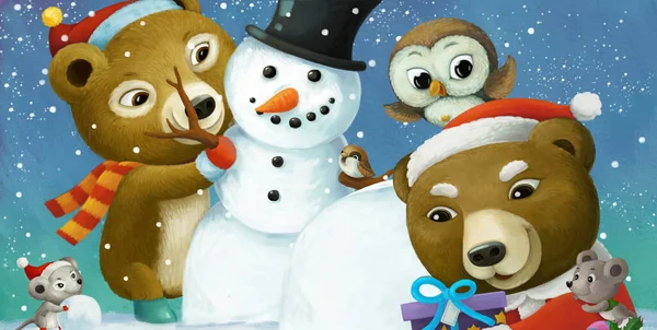 Cartoon Weihnachtsszene Mit Verschiedenen Tieren Und Schneemannillustration Für Kinder — Stockfoto