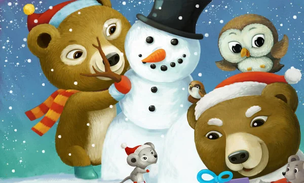 Scena Natale Del Fumetto Con Diversi Animali Pupazzo Neve Illustrazione — Foto Stock