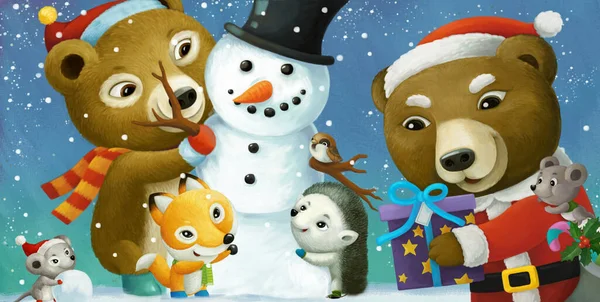 Cartoon Christmas Scene Different Animals Snowman Illustration Children — Stock Photo, Image