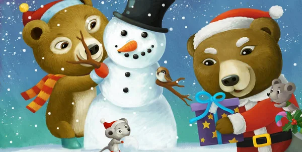 子供のための別の動物や雪だるまのイラストと漫画のクリスマスシーン — ストック写真