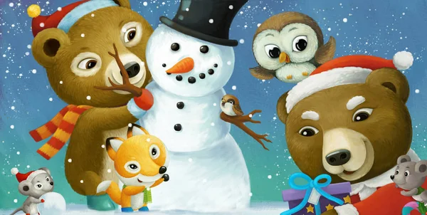 Cartoon Christmas Scene Different Animals Snowman Illustration Children — Stock Photo, Image