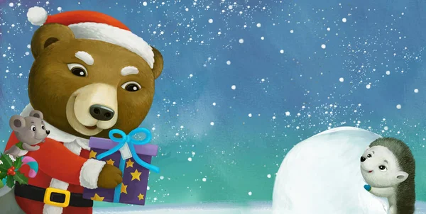Kreskówka Zima Scena Zwierzętami Śniegu Zabawy Ilustracja Dla Dzieci — Zdjęcie stockowe