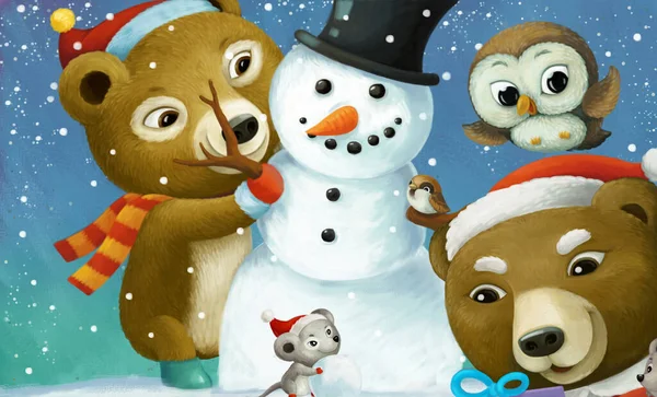 Scena Natale Del Fumetto Con Diversi Animali Pupazzo Neve Illustrazione — Foto Stock