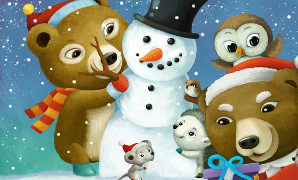 Rajzfilm Karácsonyi Jelenet Különböző Állatok Hóember Illusztráció Gyerekeknek — Stock Fotó