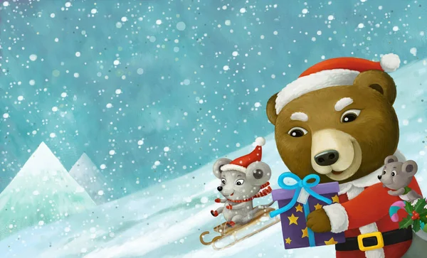 Kreslené Vánoce Zimní Scéna Zvířaty Klouzání Lyžování Kopci Ilustrace Pro — Stock fotografie