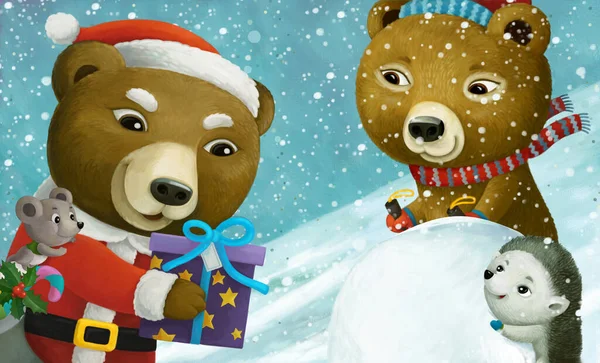 Cartoon Kerst Winter Scène Met Dieren Glijden Skiën Heuvel Illustratie — Stockfoto