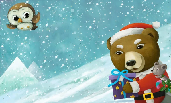 Kreskówka Boże Narodzenie Zima Scena Zwierzętami Przesuwne Narty Wzgórzu Ilustracja — Zdjęcie stockowe