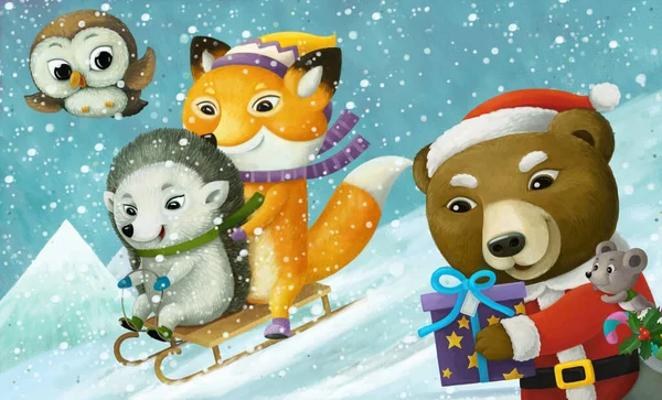 Γελοιογραφία Χριστούγεννα Χειμώνα Σκηνή Ζώα Ολίσθηση Σκι Λόφο Εικονογράφηση Για — Φωτογραφία Αρχείου