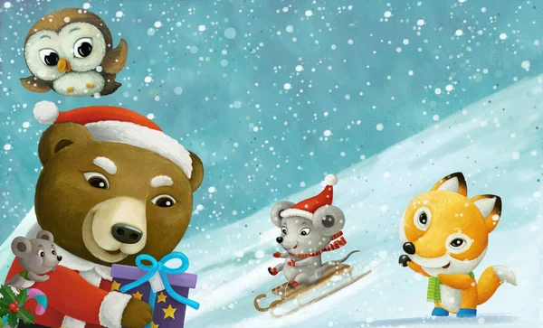 Rajzfilm Karácsony Téli Jelenet Állatokkal Csúszó Síelés Dombon Illusztráció Gyerekeknek — Stock Fotó