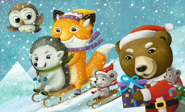 Kreslené Vánoce Zimní Scéna Zvířaty Klouzání Lyžování Kopci Ilustrace Pro — Stock fotografie