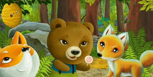 Escena Dibujos Animados Con Animales Amigables Bosque Ilustración Para Niños — Foto de Stock